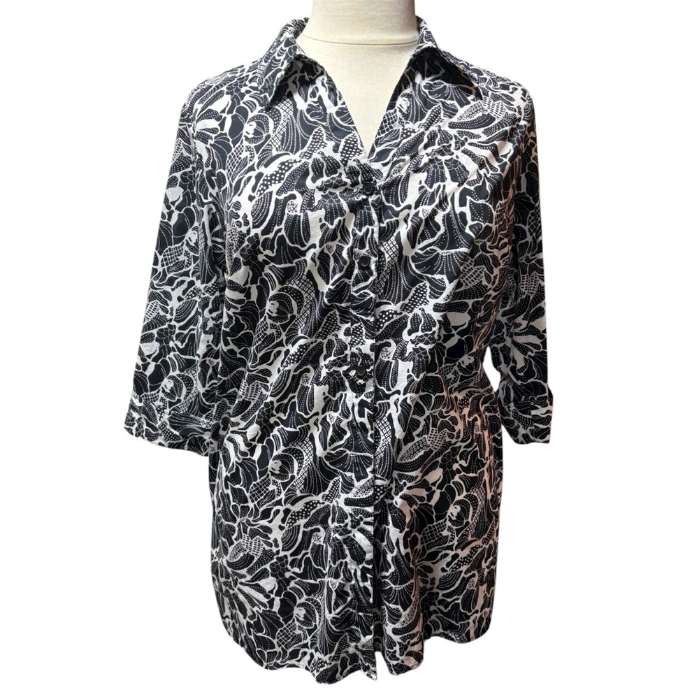 Black and White‎ Abstract Floral Button Down Tunic Shirt 3/4 Sleeve Top #799 - Picture 3 of 11